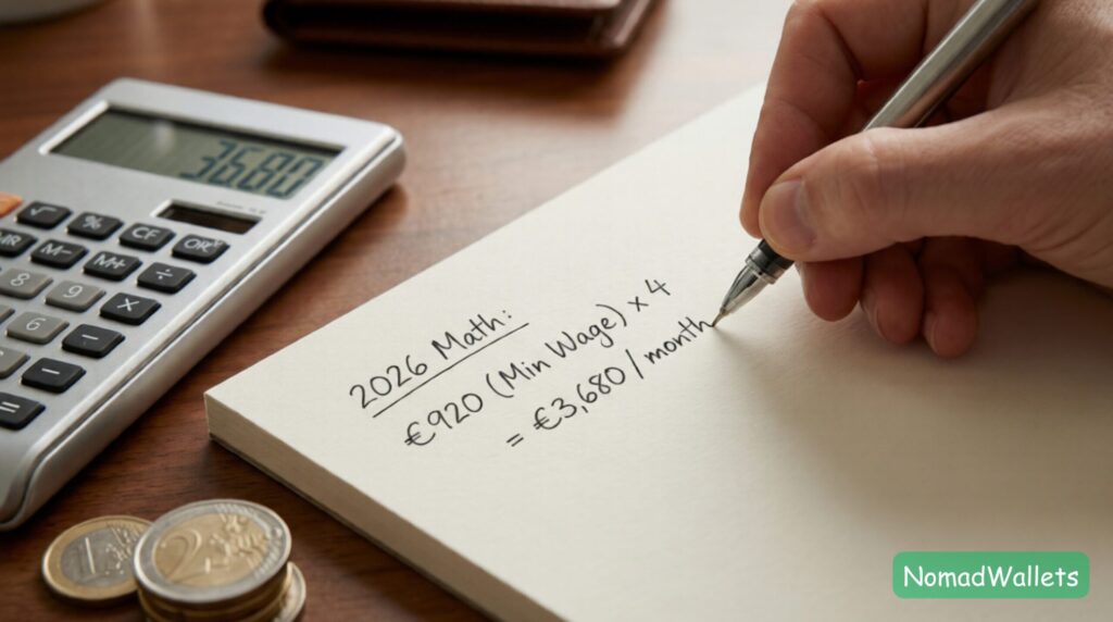 A close-up of a hand writing the 2026 D8 visa income calculation on a notepad: €920 minimum wage times four equals €3,680.
