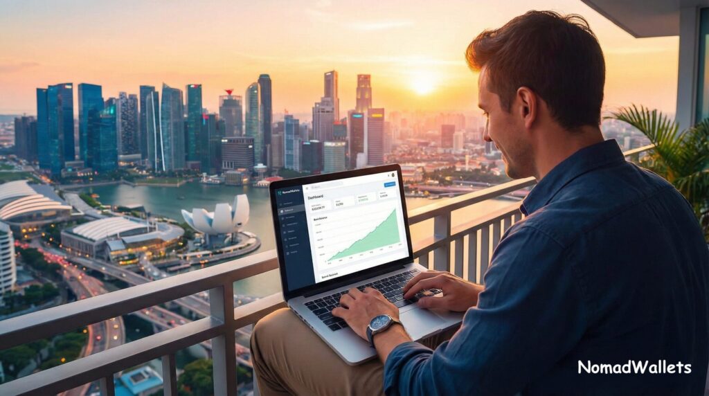 A successful digital nomad working on a laptop on a balcony overlooking a vibrant global city at sunset. The laptop screen shows a dashboard with a growing bank balance. "NomadWallets" is at the bottom right.