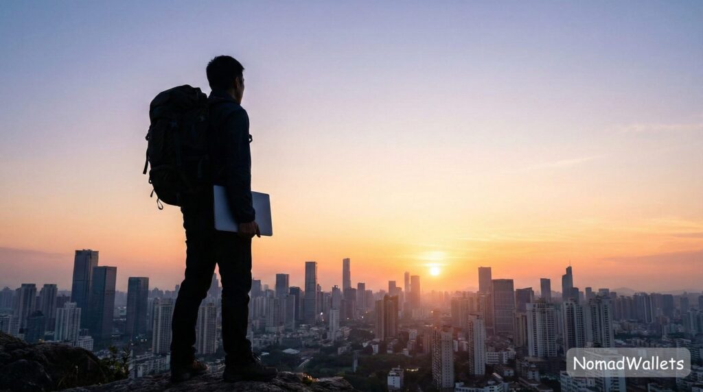 A silhouette of a backpack-wearing digital nomad overlooking a global city skyline at dawn, holding a closed laptop, symbolizing freedom from regulatory worry.