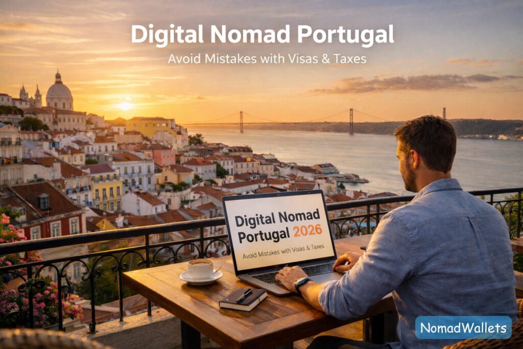 A professional digital nomad working on a balcony in Lisbon at sunset, with the article title Digital Nomad Portugal shown on their laptop screen, representing the settled 2026 lifestyle.