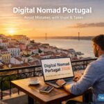 A professional digital nomad working on a balcony in Lisbon at sunset, with the article title Digital Nomad Portugal shown on their laptop screen, representing the settled 2026 lifestyle.