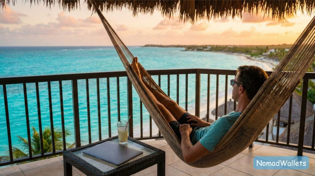 A digital nomad relaxing in a hammock by the ocean, symbolizing the extra time gained by tax extensions.