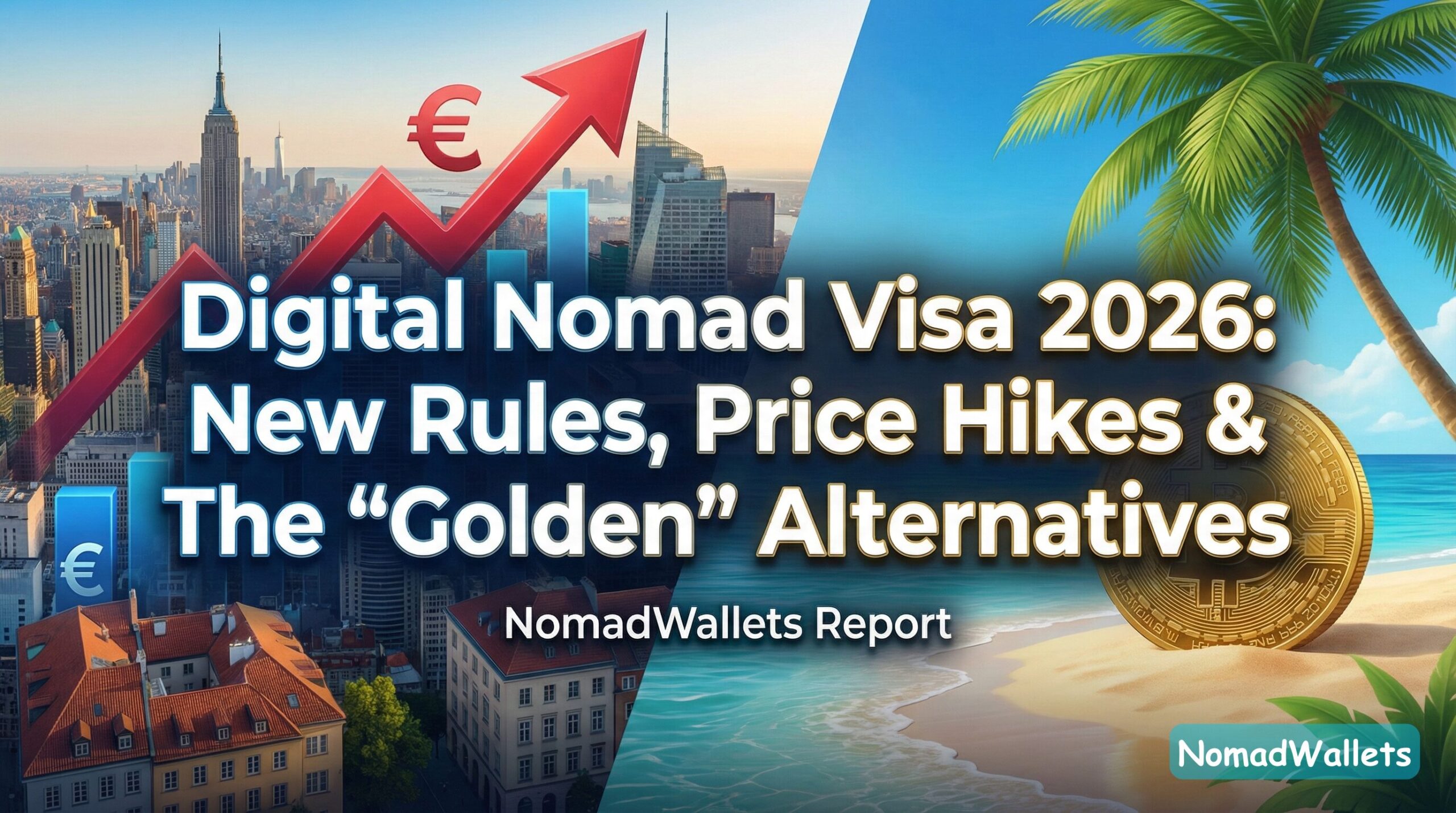 Split-screen illustration featuring the title "Digital Nomad Visa 2026: New Rules, Price Hikes & The Golden Alternatives." The left side shows a high-cost European city with rising euro charts, contrasting with a tropical beach and gold coins on the right, representing high ROI alternatives.