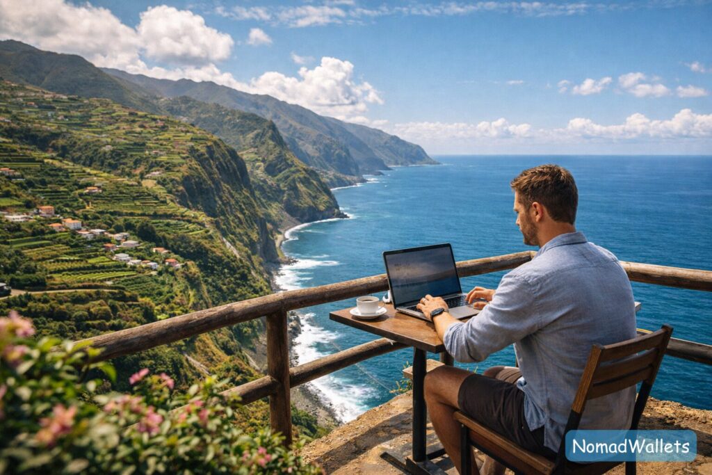 A remote worker using a laptop with a stunning ocean and mountain view in Madeira, Portugal, showcasing the island nomad lifestyle.