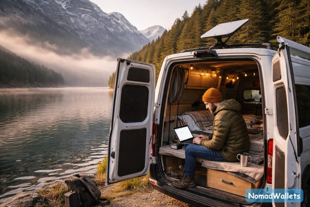 Digital nomad working from a campervan with Starlink Mini setup on the roof.
