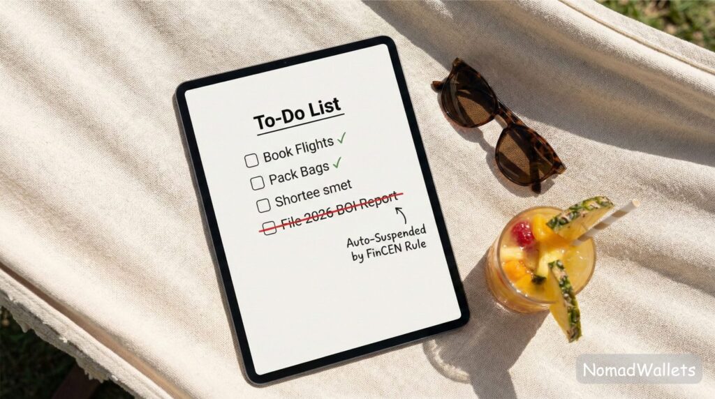 A minimalist flat-lay photo of a tablet displaying a To-Do list where the item "File 2026 BOI Report" is automatically crossed out with a note reading "Auto-Suspended by FinCEN Rule.