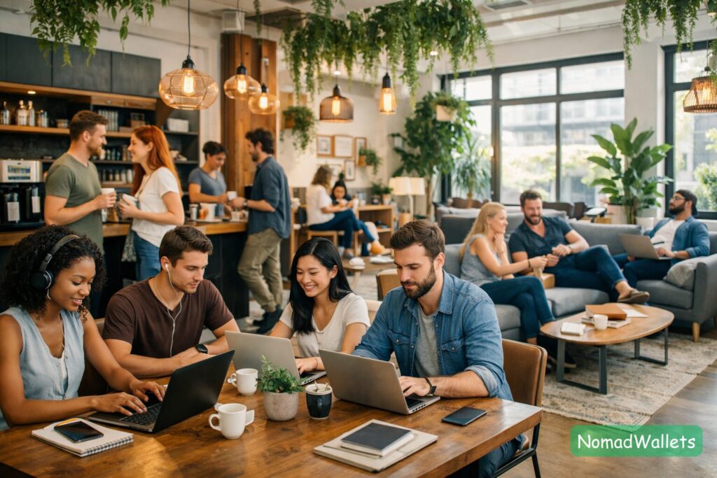 A diverse group of digital nomads working and socializing in a modern, shared coworking space, representing the community aspect of solo travel.