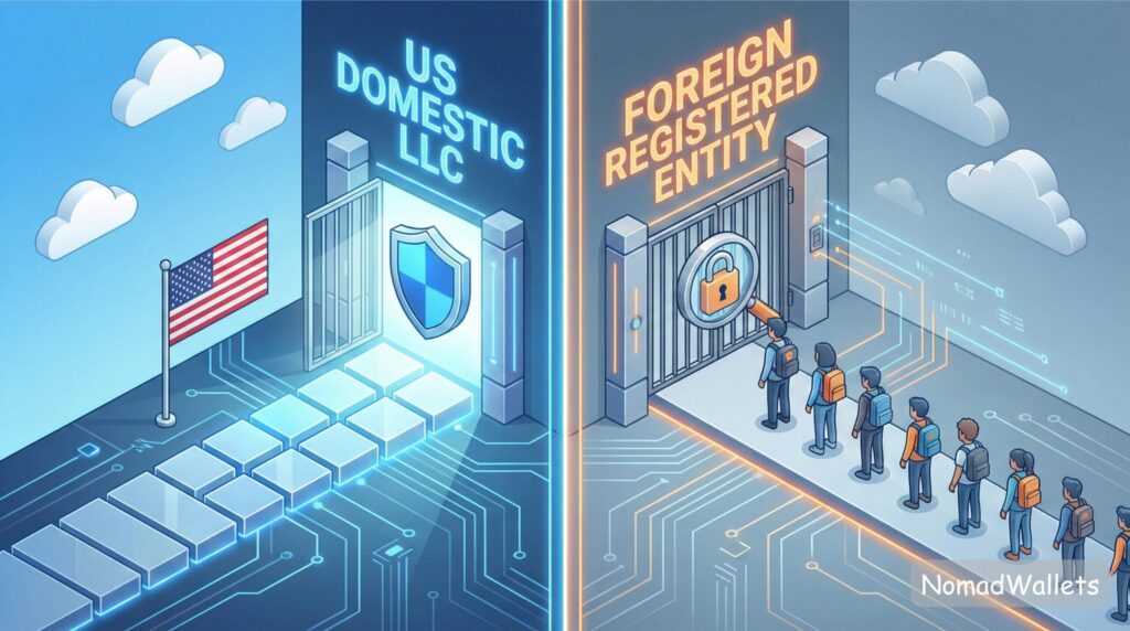 An isometric illustration split into two paths: one labeled "US DOMESTIC LLC" leading to an open, safe gate, and the other labeled "FOREIGN REGISTERED ENTITY" leading to a closed gate with a magnifying glass icon.