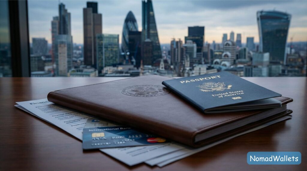 US passport resting on financial documents and a leather folder, representing international banking reporting and FBAR.