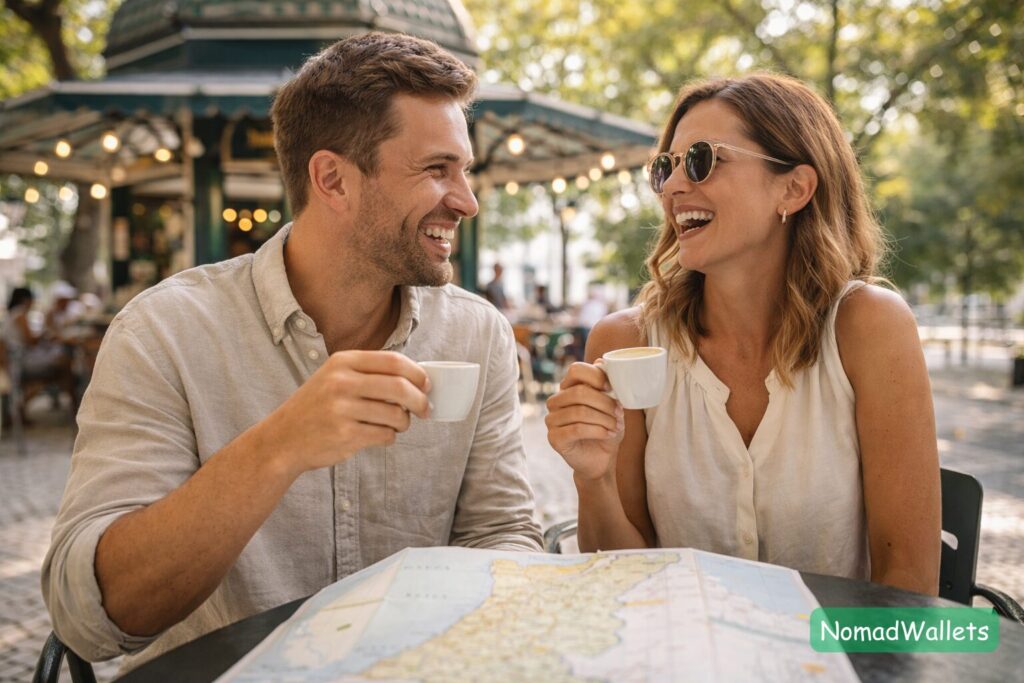 A young couple enjoying financial independence in a Lisbon cafe, looking at a map.