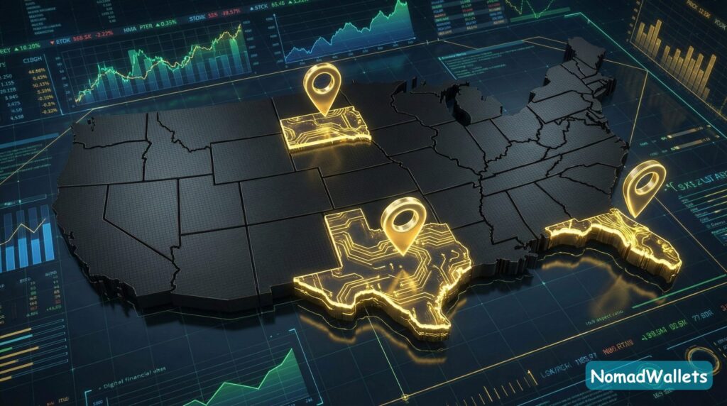 Map of the US highlighting Florida, Texas, and South Dakota as tax-free domicile options.