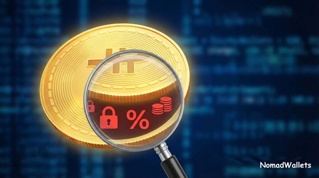 A magnifying glass hovering over a digital gold coin, revealing smaller hidden fee icons and a "% markup" text beneath its surface. The background is a blurred data stream. "NomadWallets" is at the bottom right.