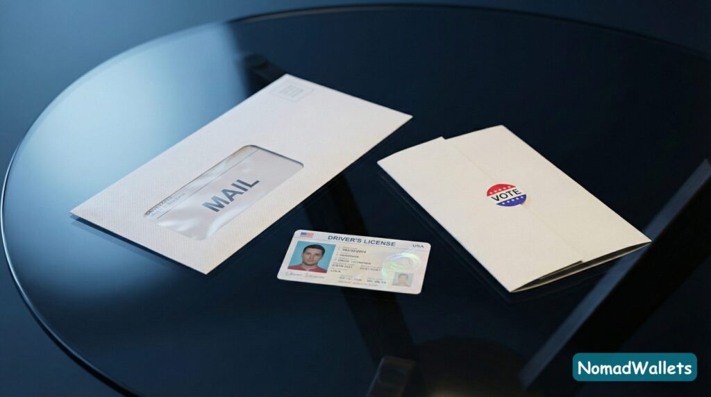 Three icons representing domicile proof: a mail envelope, a driver's license, and a voter ballot.