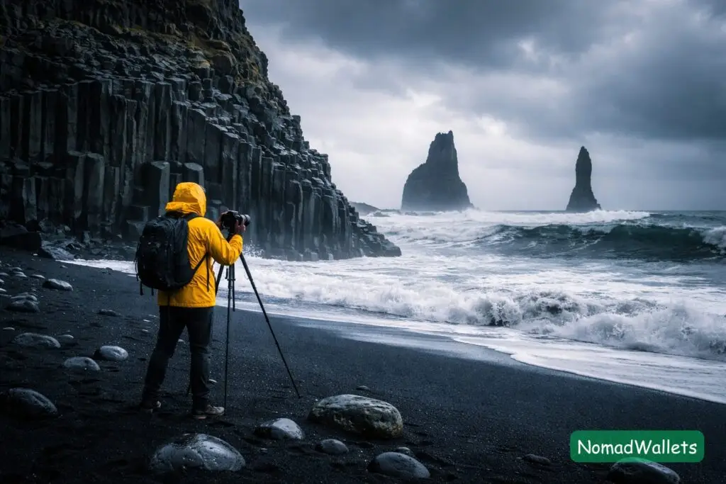 The Ultimate List of Best Solo Travel Destinations for Digital Nomads (2026) 8 A photographer standing on a black sand beach in Iceland with a tripod, capturing a dramatic landscape.