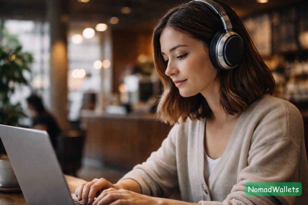 A close-up of a digital nomad wearing large noise-canceling headphones while working in a cafe, signaling "do not disturb.