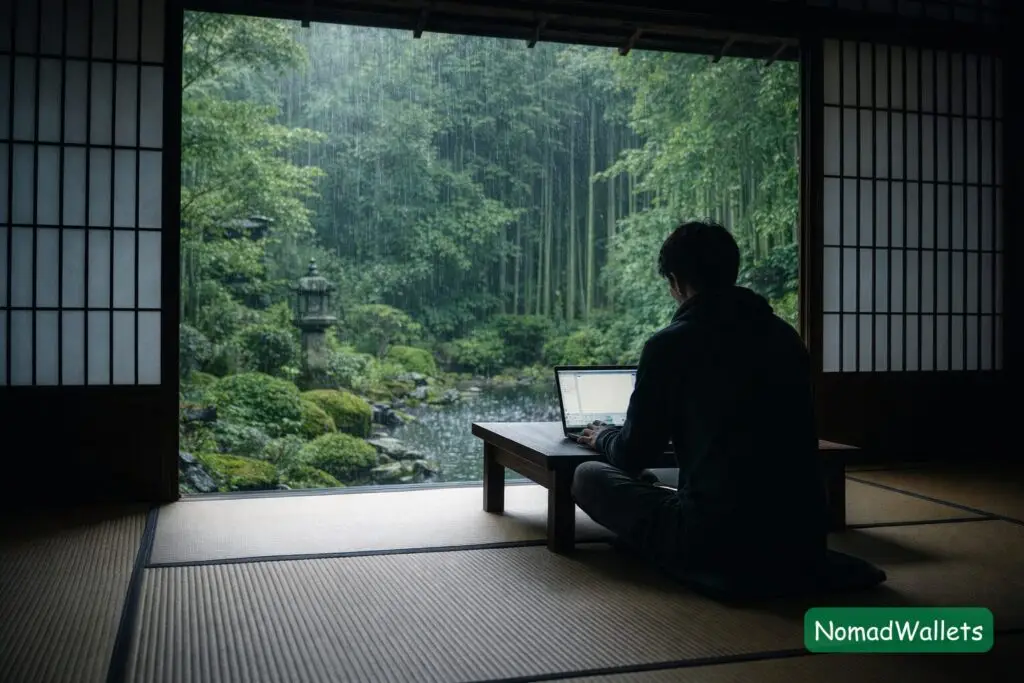 The Ultimate List of Best Solo Travel Destinations for Digital Nomads (2026) 7 A peaceful solo traveler sitting in a traditional Japanese tea house looking out at a Zen garden in Kyoto.