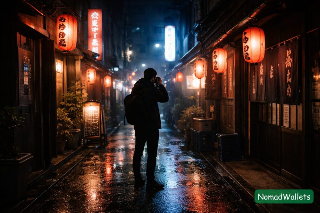 A photographer capturing a long-exposure shot of a neon-lit street in Kyoto, Japan at night.