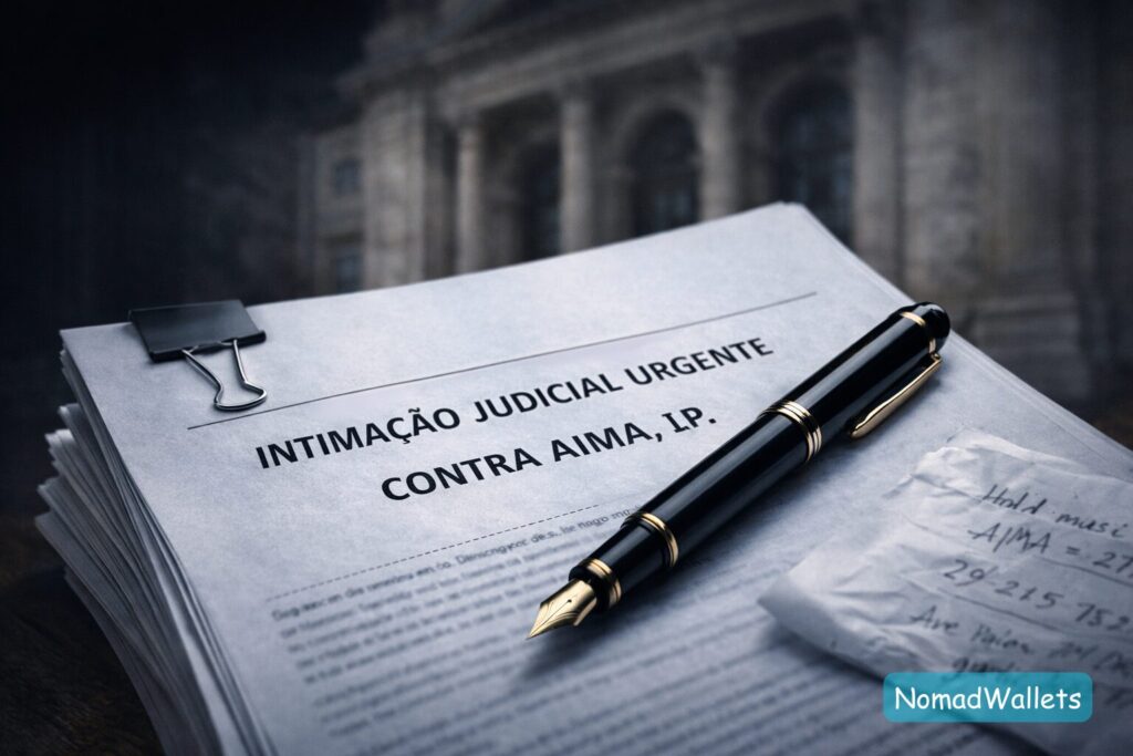 A professional legal document titled "Intimação Judicial" against AIMA, representing the legal route for securing an appointment.