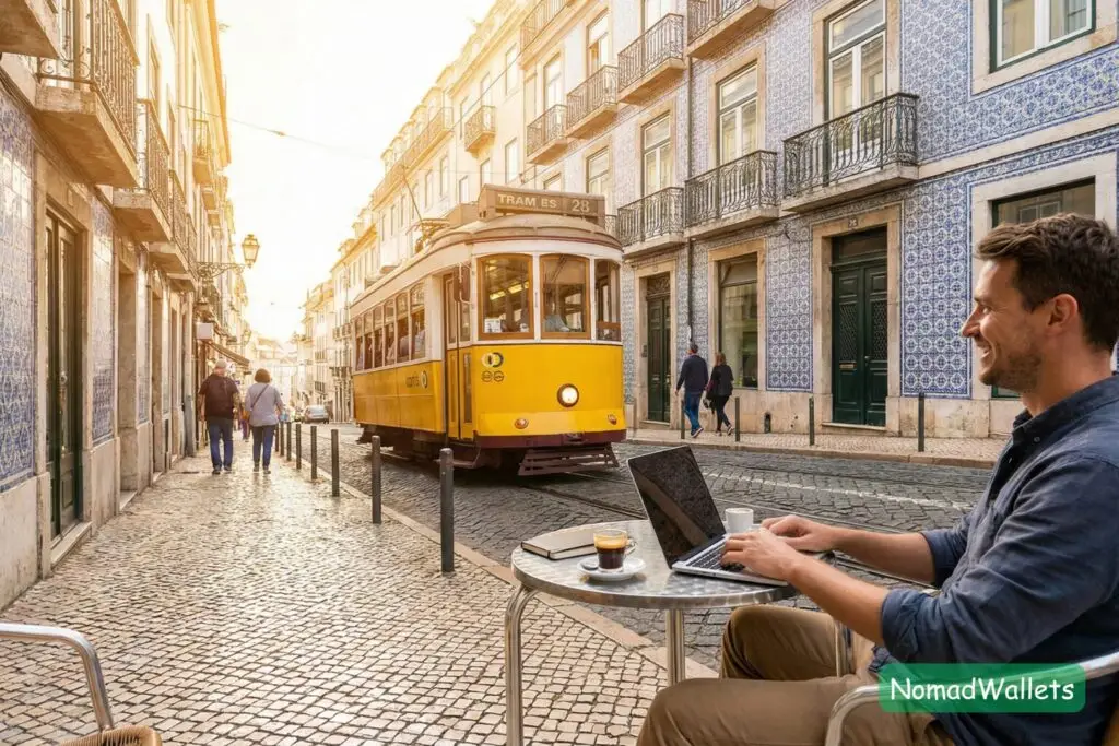The Ultimate List of Best Solo Travel Destinations for Digital Nomads (2026) 10 A sunny street scene in Lisbon, Portugal featuring the iconic yellow Tram 28 and a nomad working at a sidewalk cafe.