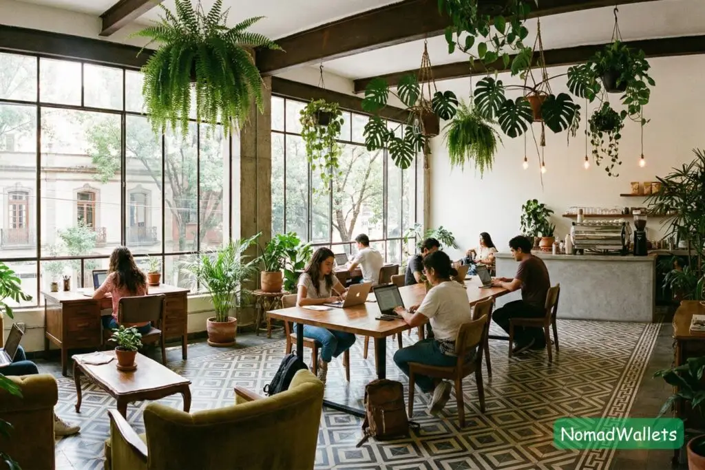 The Ultimate List of Best Solo Travel Destinations for Digital Nomads (2026) 11 A stylish, leafy coworking space in Mexico City's Roma Norte neighborhood with art deco architecture.