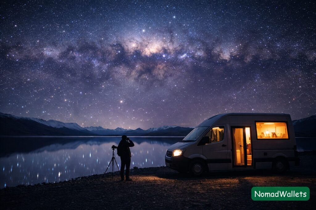 A campervan parked by a lake in New Zealand under the Milky Way, with a tripod set up for astrophotography.