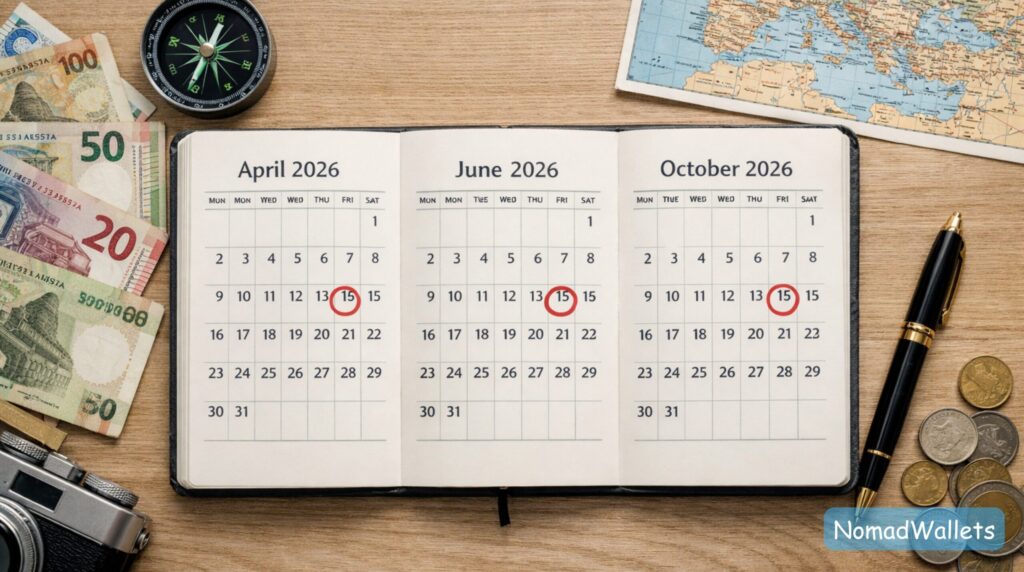A travel-themed desk with planners showing April 15, June 15, and October 15 2026 dates circled in red.