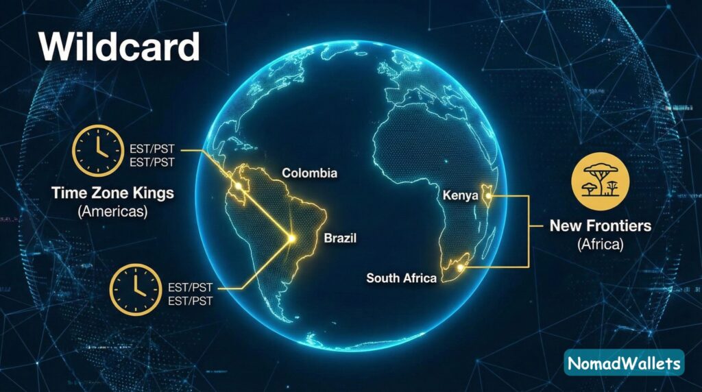 A digital globe map highlighting 2026 "Wildcard" visa destinations. Gold pins mark Colombia and Brazil as "Time Zone Kings" (EST/PST), while Kenya and South Africa are marked as "New Frontiers" with safari icons.
