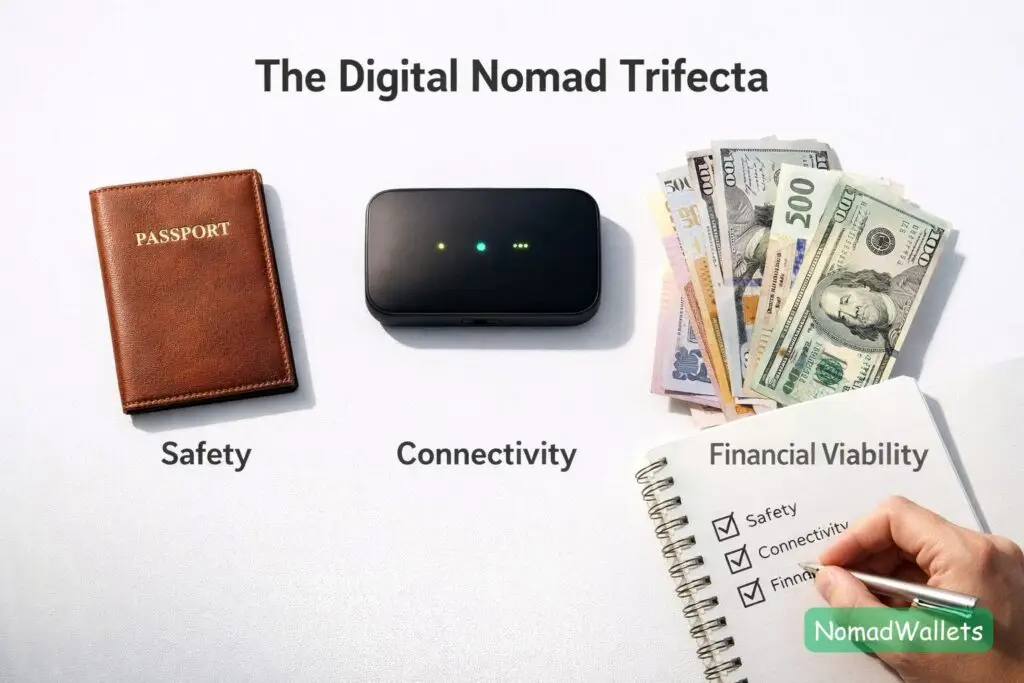 The Ultimate List of Best Solo Travel Destinations for Digital Nomads (2026) 6 A creative visualization of the "Digital Nomad Trifecta" showing a passport (Safety), a WiFi router (Connectivity), and foreign currency (Cost) arranged neatly.