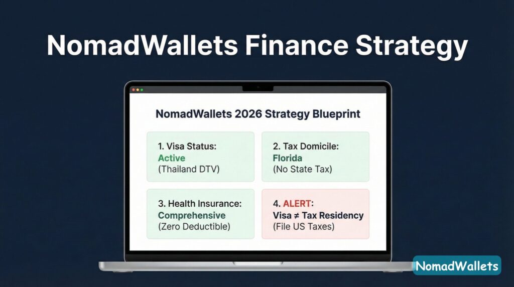 A tablet screen displaying the "NomadWallets 2026 Strategy Blueprint." A checklist shows four key steps: Active Visa Status (Thailand DTV), Tax Domicile (Florida/No State Tax), Comprehensive Health Insurance, and a warning that "Visa ≠ Tax Residency.