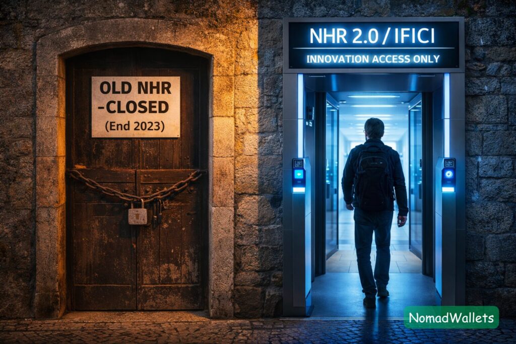 Portugal NHR 2.0 (IFICI) 2026: Can US Digital Nomads Still Pay 20% Tax? 2 A conceptual comparison showing a weathered, closed door marked "OLD NHR (Retirees)" next to a futuristic, open security gate marked "NHR 2.0 (Innovation Only)".