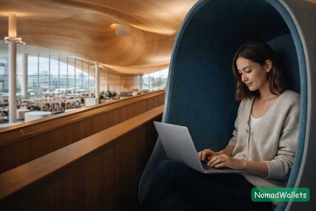 A digital nomad working on a laptop in a futuristic, silent pod at the Oodi Central Library in Helsinki.