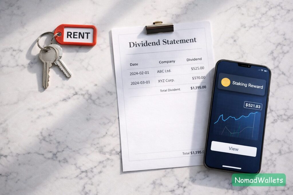 A conceptual composition of rental keys, stock certificates, and a pension letter representing passive income sources.