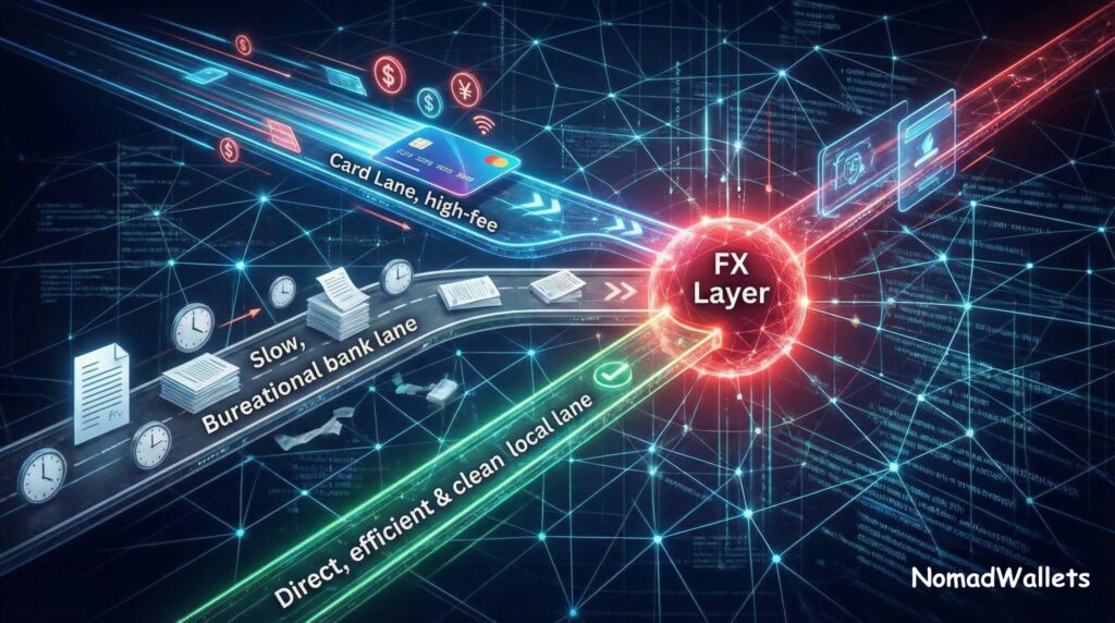 A glowing digital network showing three distinct payment rails: a fast card lane with high-fee icons, a slow bureaucratic bank lane, and a direct local lane. A central, red glowing node labeled "FX Layer" connects them. "NomadWallets" is at the bottom right.
