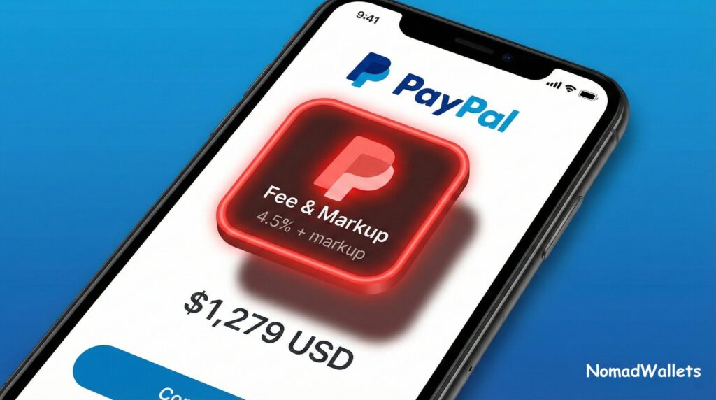 A smartphone screen displaying the PayPal app with a transaction in progress. A glowing red icon labeled "Fee & Markup" hovers over the payment amount. "NomadWallets" is at the bottom right.