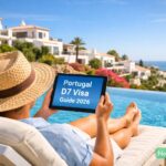 A relaxed investor checking their portfolio on a tablet in Algarve, Portugal, with the title "Portugal D7 Visa Guide 2026" on the screen.