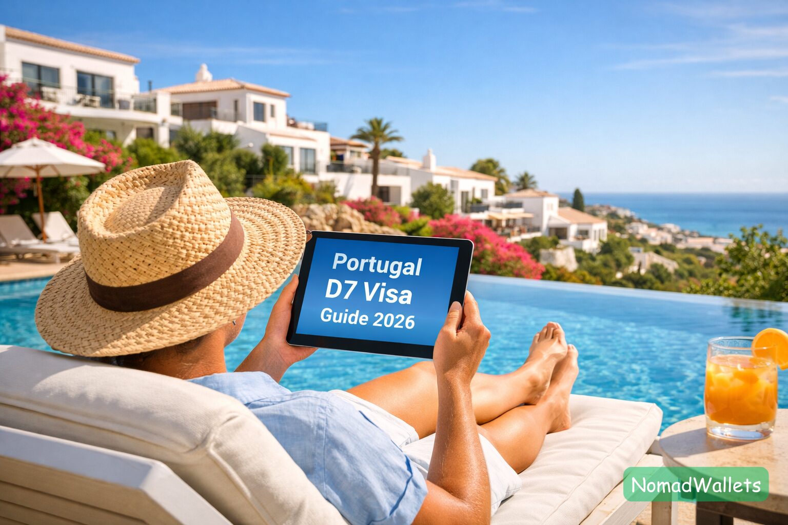 A relaxed investor checking their portfolio on a tablet in Algarve, Portugal, with the title "Portugal D7 Visa Guide 2026" on the screen.