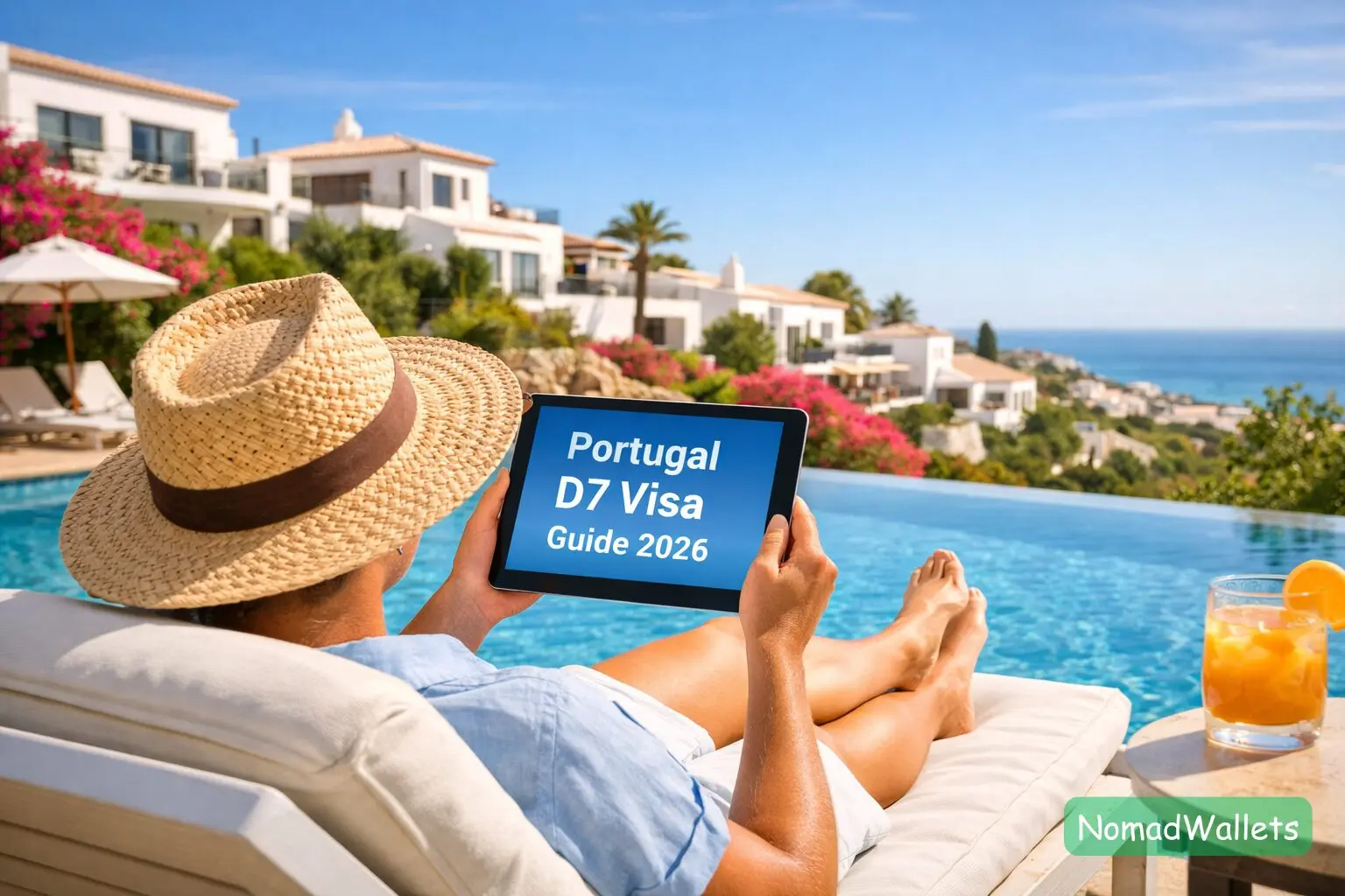A relaxed investor checking their portfolio on a tablet in Algarve, Portugal, with the title "Portugal D7 Visa Guide 2026" on the screen.