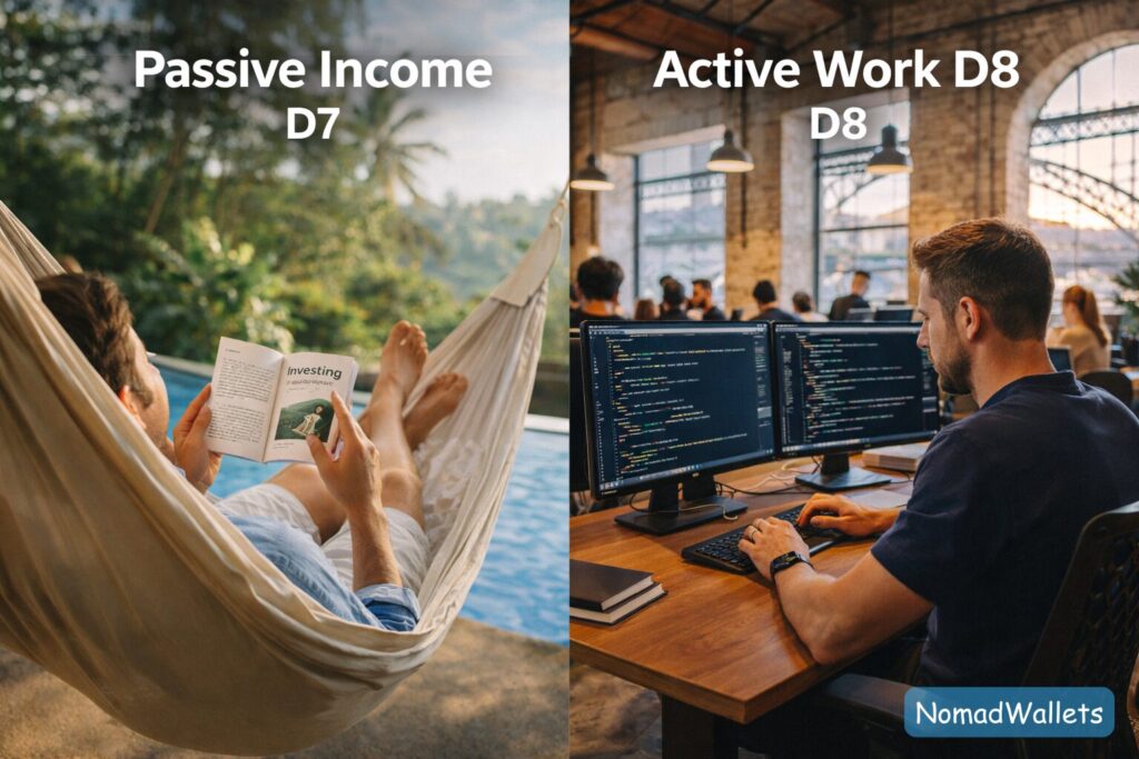 A visual comparison showing passive income relaxation versus active remote work, illustrating the difference between the Portugal D7 and D8 visas.