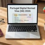 A modern desk setup with a laptop screen displaying the title "Portugal Digital Nomad Visa D8 2026", surrounded by travel documents and a Portuguese flag.