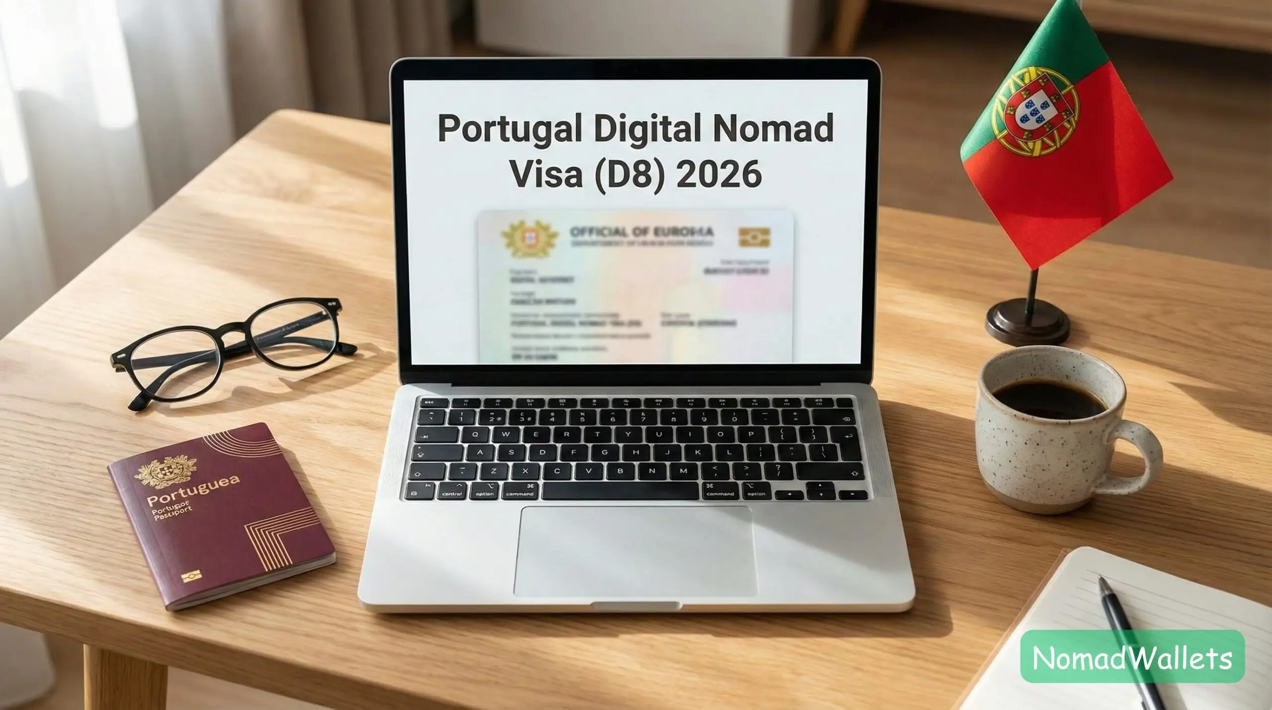 A modern desk setup with a laptop screen displaying the title "Portugal Digital Nomad Visa D8 2026", surrounded by travel documents and a Portuguese flag.
