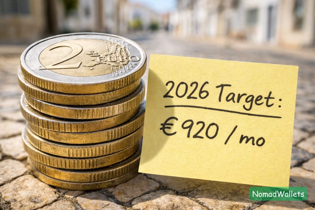 A close up of Euro coins stacked to match the 2026 minimum wage of 920 Euros.