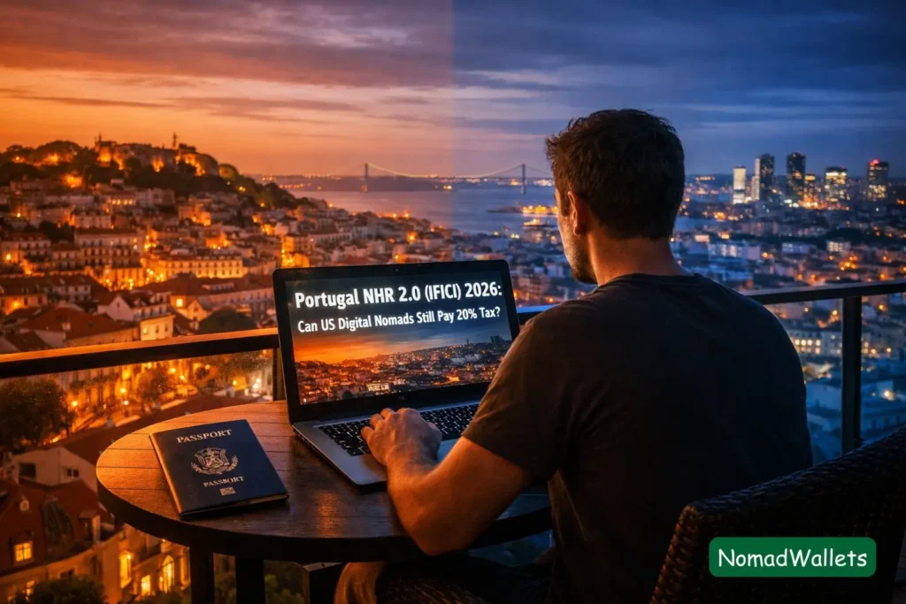Portugal NHR 2.0 (IFICI) 2026: Can US Digital Nomads Still Pay 20% Tax? 2 A digital nomad sits at a desk overlooking Lisbon, looking at a laptop screen that displays the article title "Portugal NHR 2.0 (IFICI) 2026: Can US Digital Nomads Still Pay 20% Tax?".