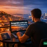 Portugal NHR 2.0 (IFICI) 2026: Can US Digital Nomads Still Pay 20% Tax? 4 A digital nomad sits at a desk overlooking Lisbon, looking at a laptop screen that displays the article title "Portugal NHR 2.0 (IFICI) 2026: Can US Digital Nomads Still Pay 20% Tax?".