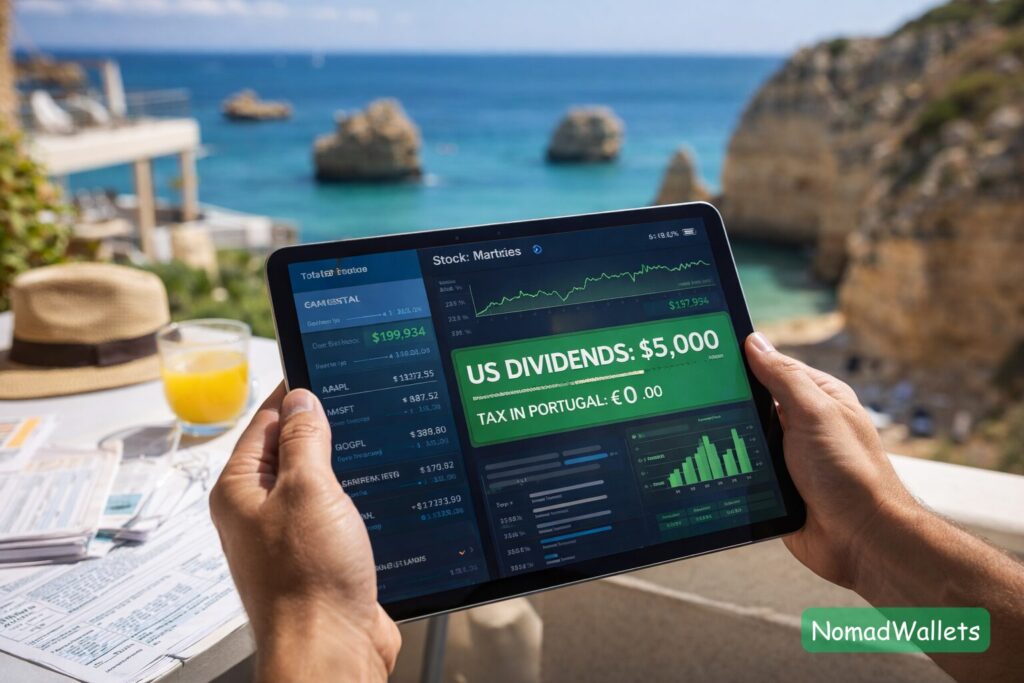 Portugal NHR 2.0 (IFICI) 2026: Can US Digital Nomads Still Pay 20% Tax? 5 A relaxing scene of a person checking stocks on a tablet by the beach, symbolizing the 0% tax on foreign passive income.