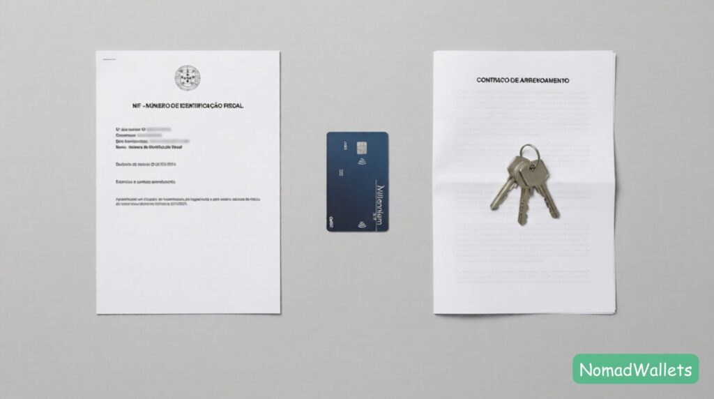 A flat lay composition of the three essential Portuguese documents: A NIF paper, a Portuguese bank card, and house keys on a lease agreement.