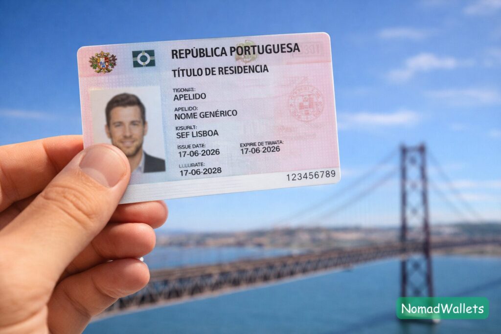 A hand holding the Portuguese Residency Card against a blurred Lisbon background.