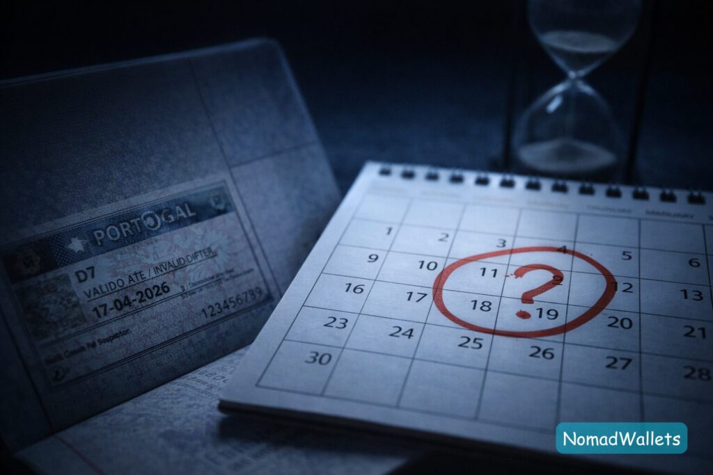 A close-up photo of a passport with an visa stamp next to a calendar, symbolizing the stress of waiting for residency.