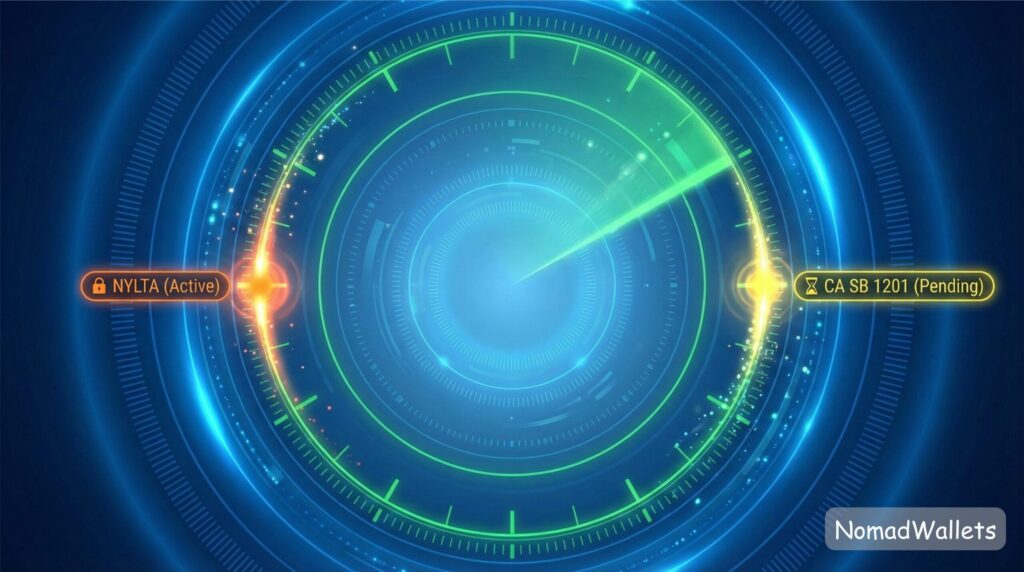 An abstract futuristic radar screen shows a clear center but highlights blips on the periphery labeled "NYLTA (Active)" and "CA SB 1201 (Pending)," symbolizing ongoing vigilance.