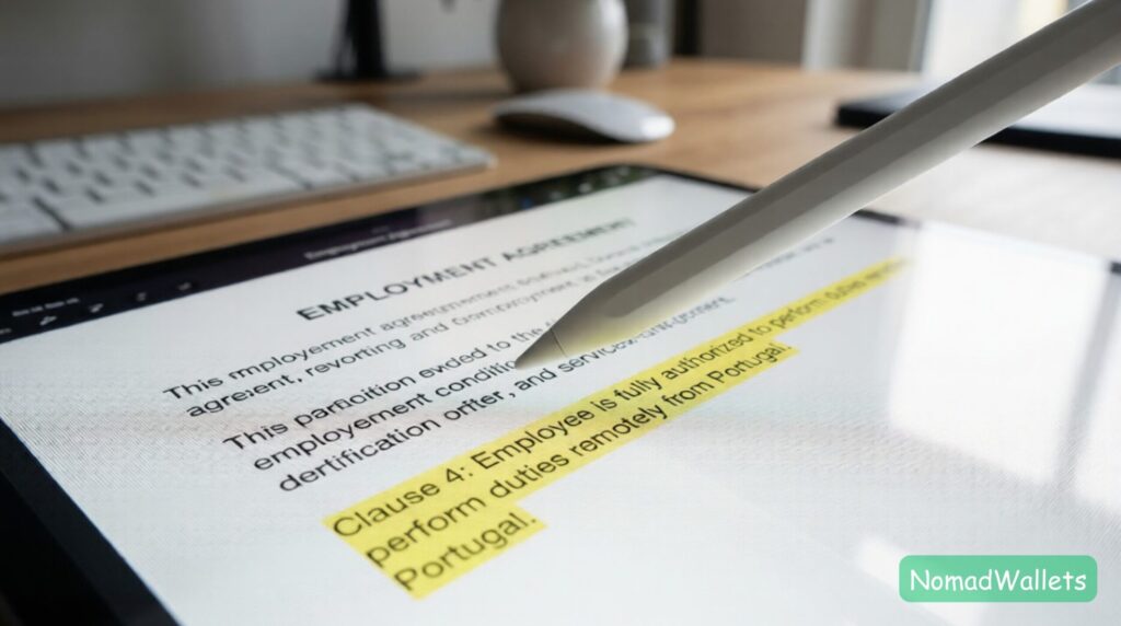 A close-up of a digital employment contract on a tablet screen, highlighting the clause that authorizes remote work from Portugal.