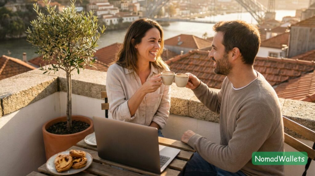A happy digital nomad couple relaxing on a sunny terrace in Portugal after successfully navigating the D8 visa process.